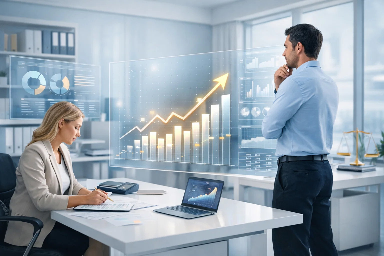 Off page SEO accounting authority growth with backlink and lead analytics in a professional office.