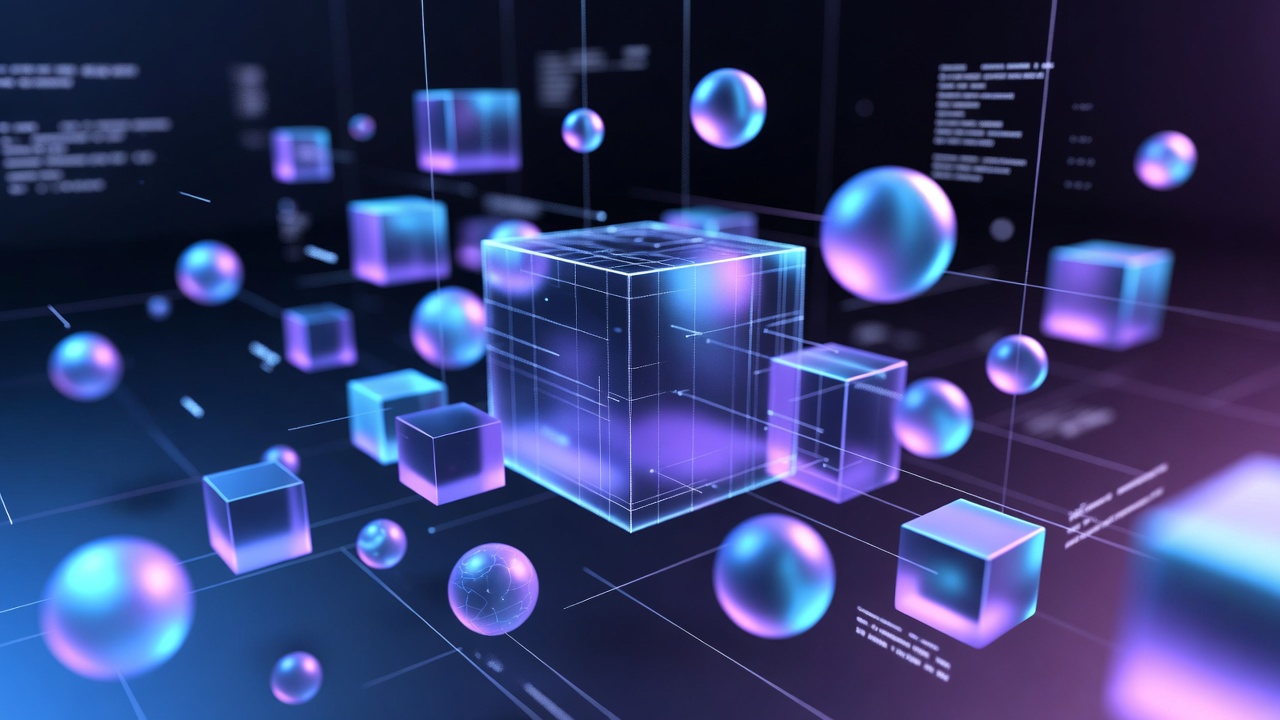 Abstract 3D render of cubes and spheres symbolizing data and content structure for SEO strategy