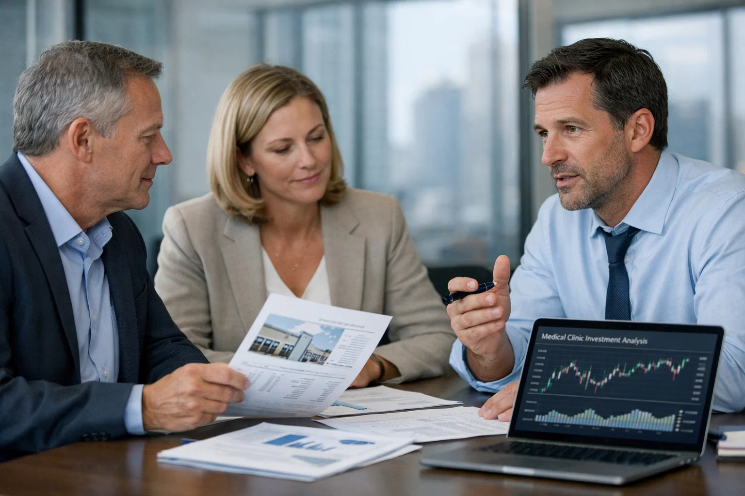 Business professionals in a meeting discussing medical clinic investment strategies with financial charts.