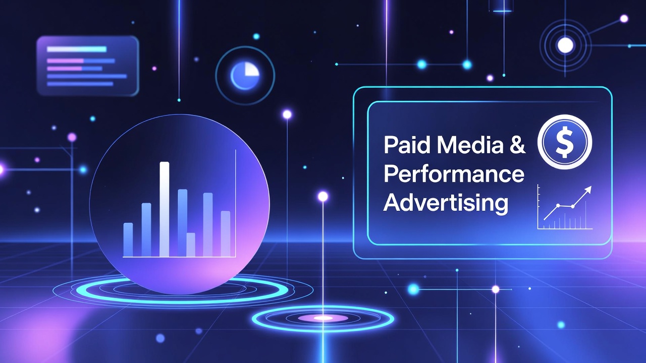 An infographic, rendered in shades of blue and purple, delves into the realm of Paid Media & Performance Advertising.