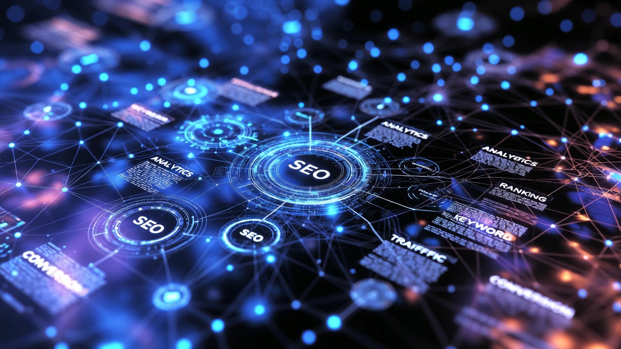 Digital network illustrating SEO, analytics, and conversion
