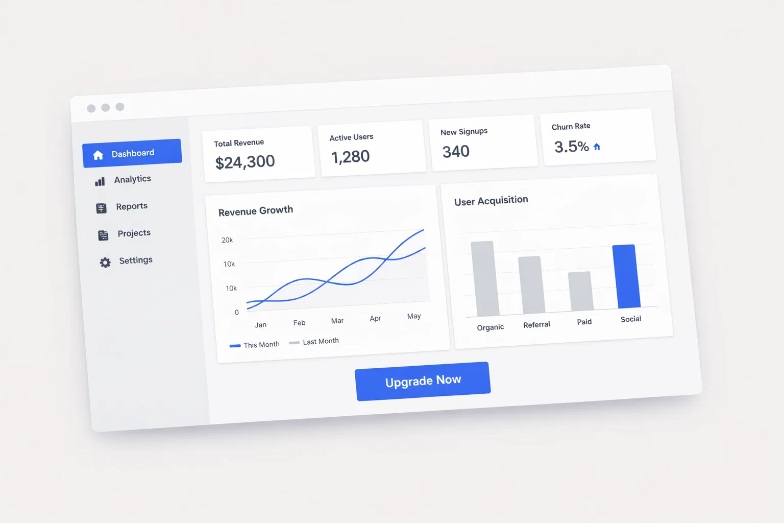 Analytics dashboard with revenue growth and user acquisition charts.